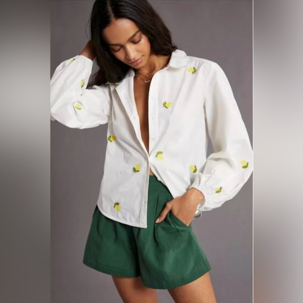Anthropologie Maeve White Lemon Embroidered puff long sleeve blouse size…